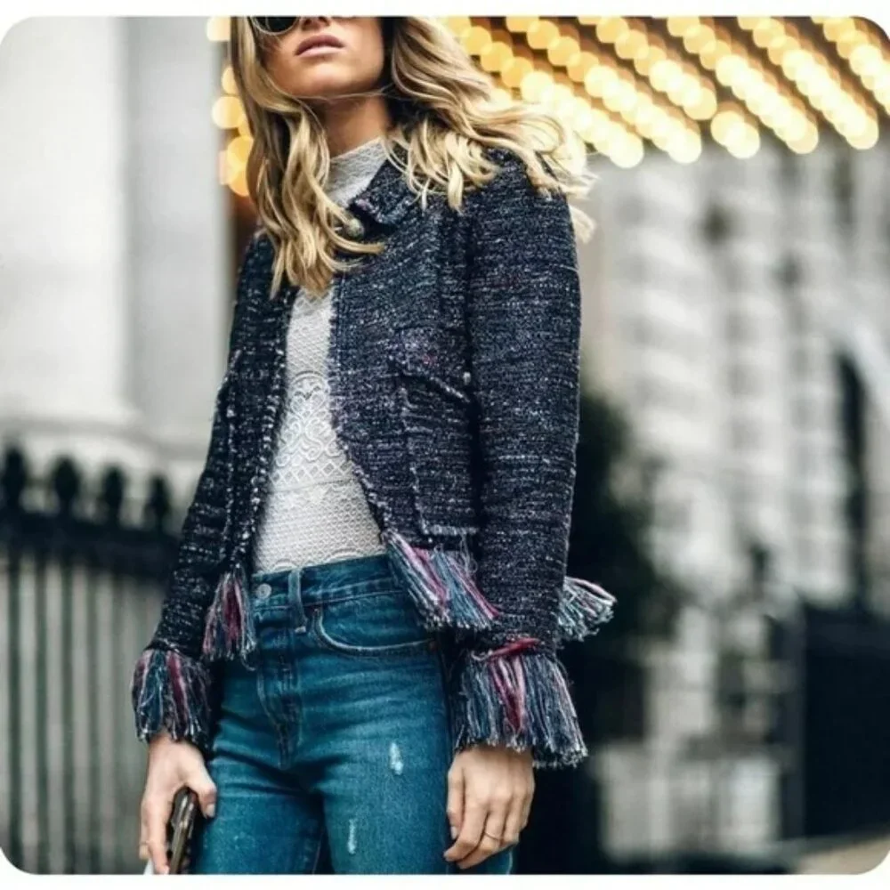 Zara Woman Fringe Hem Multicolor Tweed Blazer.  SZ S